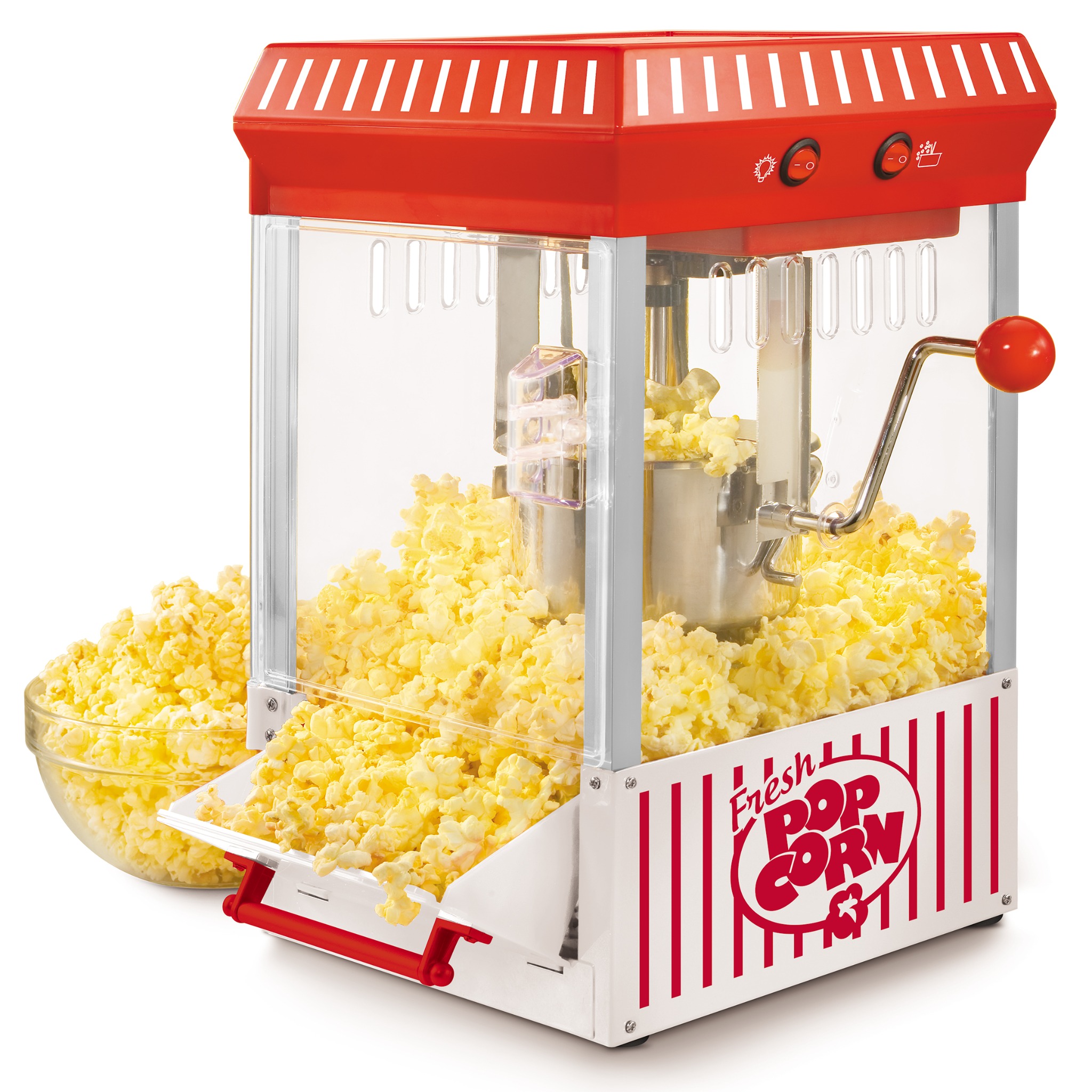 Red cinema-style popcorn machine filled with freshly popped popcorn