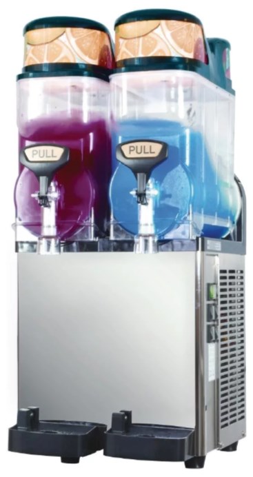 Twin bowl slush machine with blue and purple frozen drinks for party hire